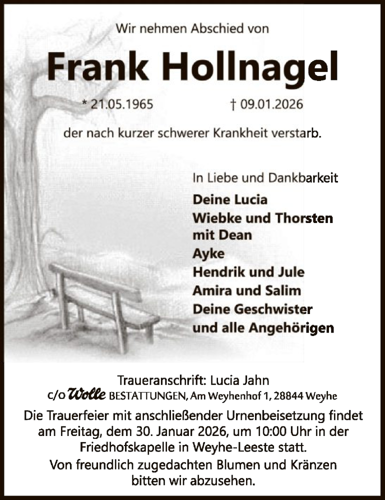  Traueranzeige für Frank Hollnagel vom 17.01.2026 aus SYKS