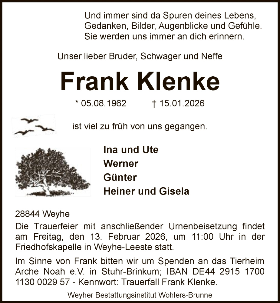  Traueranzeige für Frank Klenke vom 24.01.2026 aus SYKS