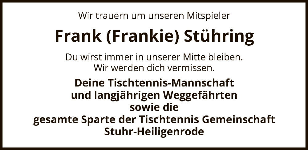  Traueranzeige für Frank Stühring vom 24.01.2026 aus SYKS