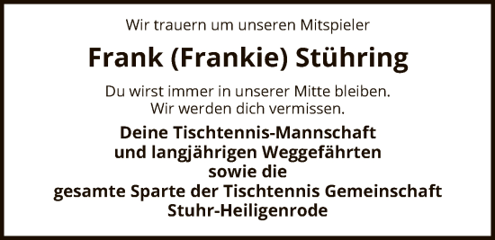 Traueranzeige von Frank Stühring von SYKS