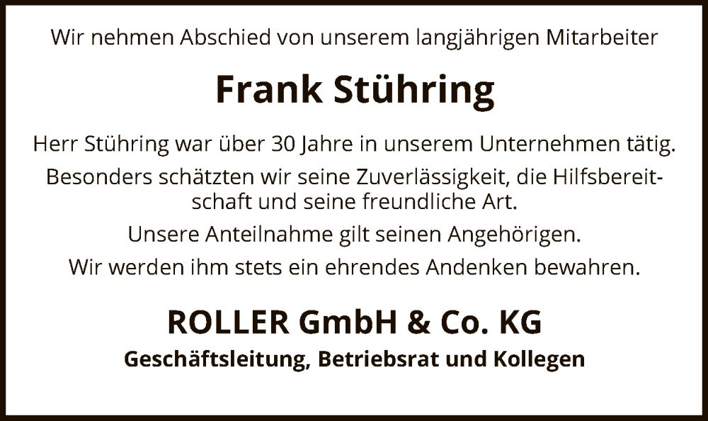  Traueranzeige für Frank Stühring vom 24.01.2026 aus SYKS