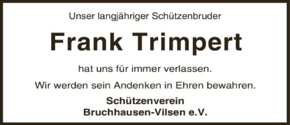  Traueranzeige für Frank Trimpert vom 17.01.2026 aus SYKS