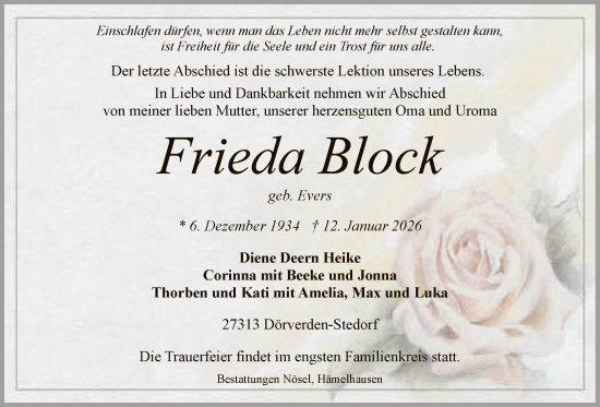 Traueranzeige von Frieda Block von SYKS