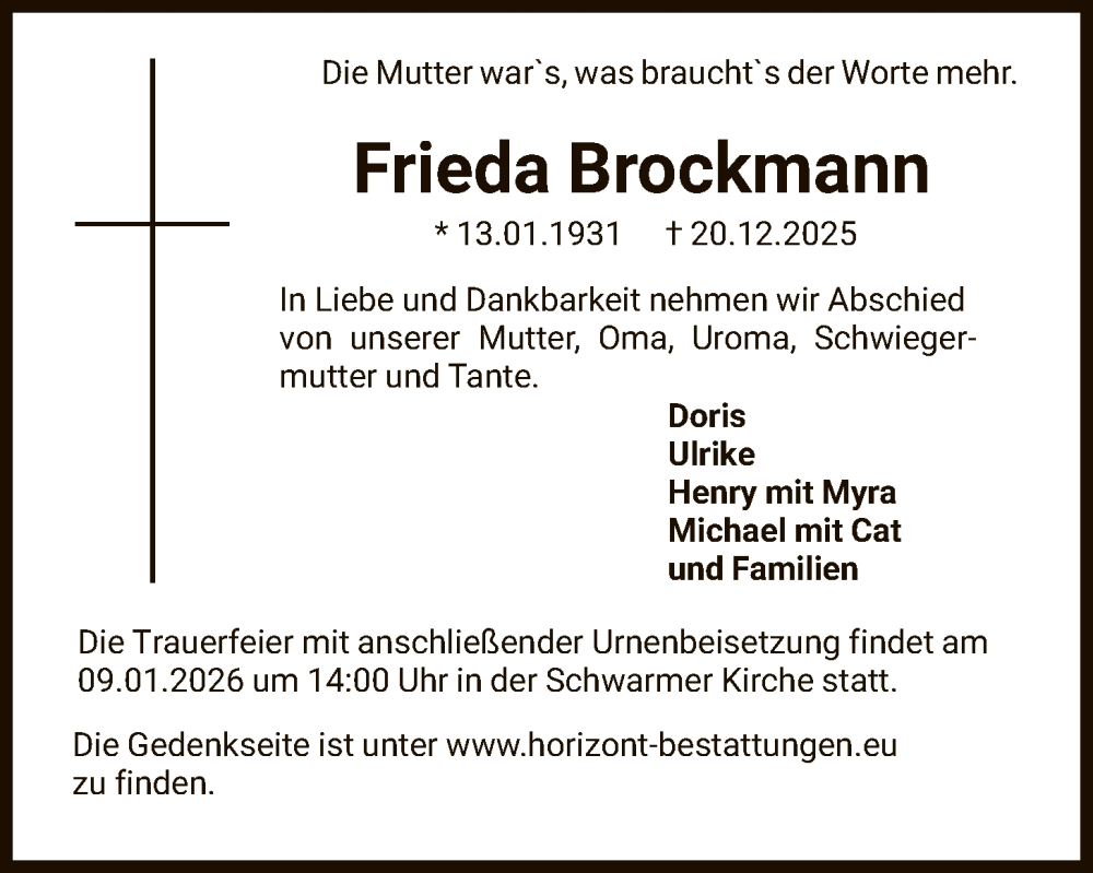  Traueranzeige für Frieda Brockmann vom 03.01.2026 aus SYKS