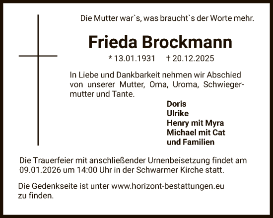 Traueranzeige von Frieda Brockmann von SYKS