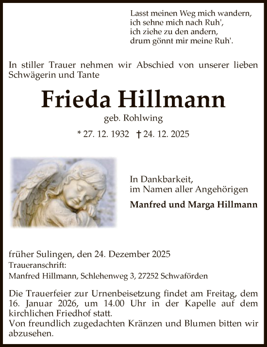 Traueranzeige von Frieda Hillmann von SYKS