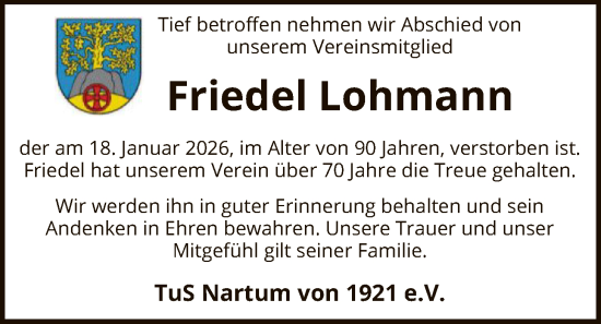 Traueranzeige von Friedel Lohmann von SYKR