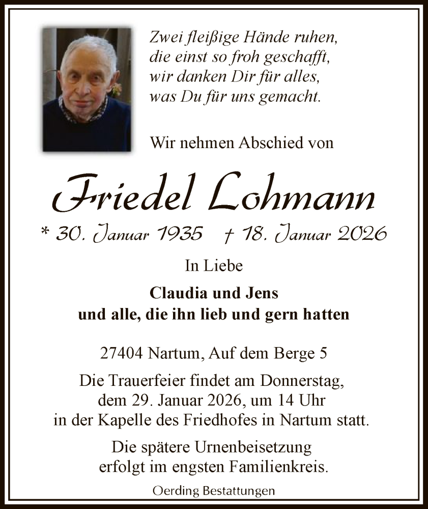  Traueranzeige für Friedel Lohmann vom 24.01.2026 aus SYKR
