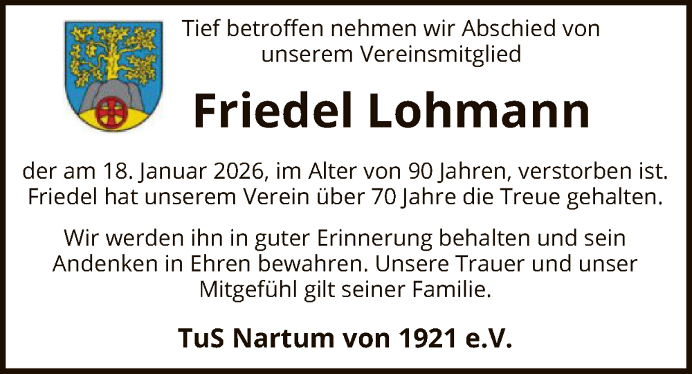  Traueranzeige für Friedel Lohmann vom 31.01.2026 aus SYKR