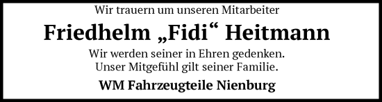 Traueranzeige von Friedhelm Heitmann von SYKS