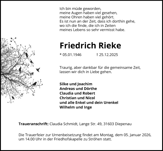 Traueranzeige von Friedrich Rieke von SYKS