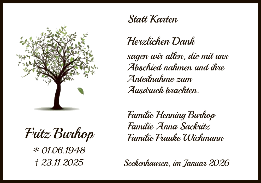  Traueranzeige für Fritz Burhop vom 17.01.2026 aus SYKS