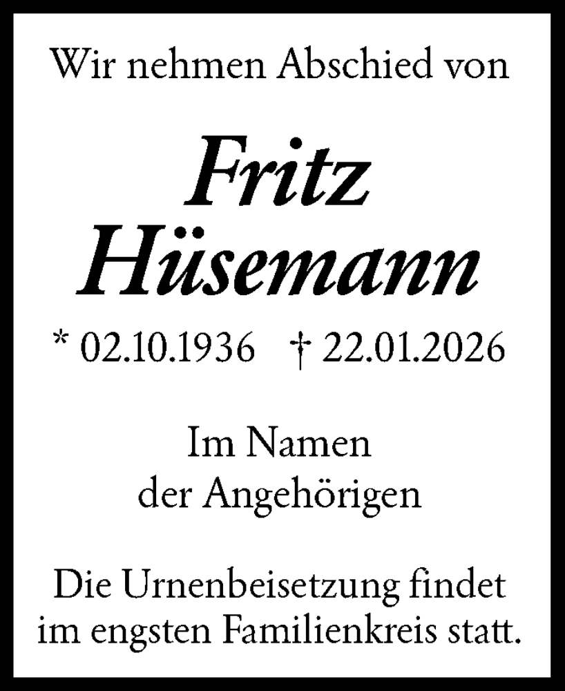  Traueranzeige für Fritz Hüsemann vom 30.01.2026 aus SYKS