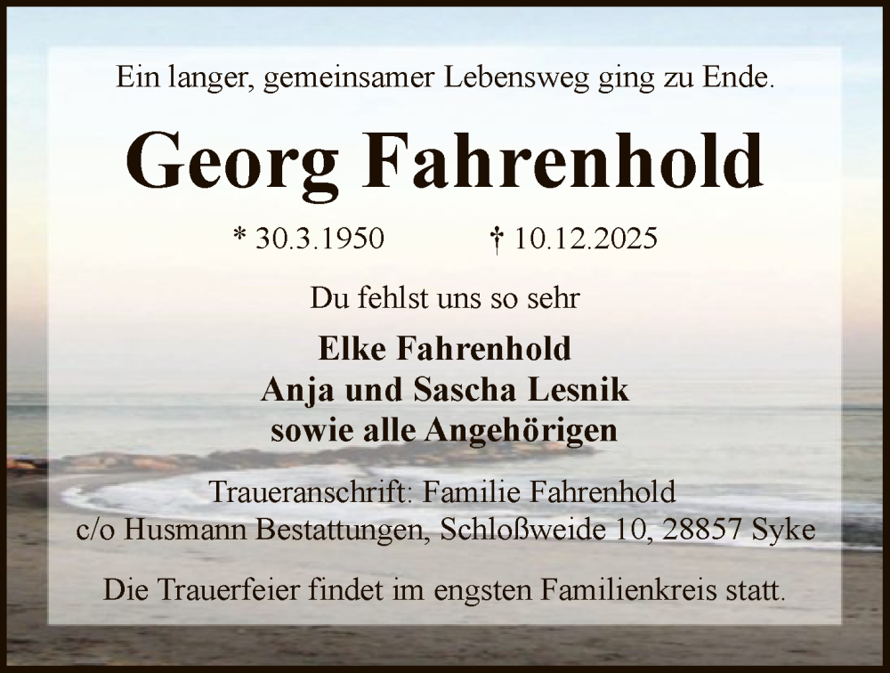  Traueranzeige für Georg Fahrenhold vom 03.01.2026 aus SYKSSYKS