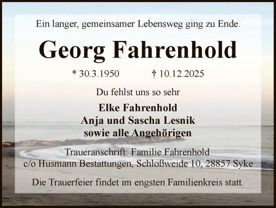 Traueranzeige von Georg Fahrenhold von SYKSSYKS