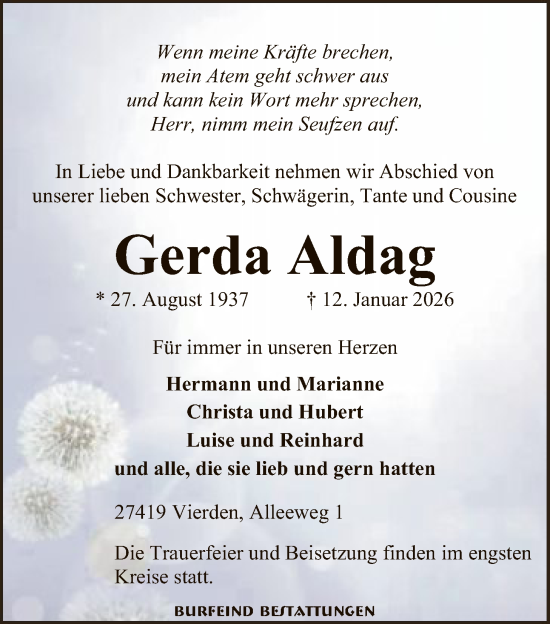 Traueranzeige von Gerda Aldag von SYKR