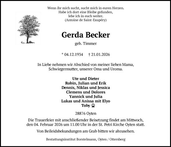 Traueranzeige von Gerda Becker von SYKS