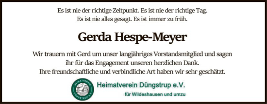 Traueranzeige von Gerda Hespe-Meyer von SYWZ