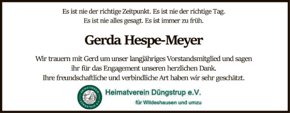  Traueranzeige für Gerda Hespe-Meyer vom 31.01.2026 aus SYWZ