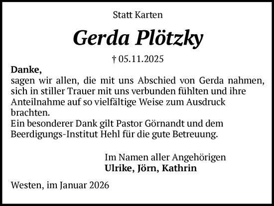 Traueranzeige von Gerda Plötzky von SYKS