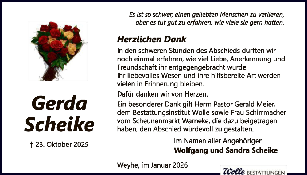  Traueranzeige für Gerda Scheike vom 17.01.2026 aus SYKS