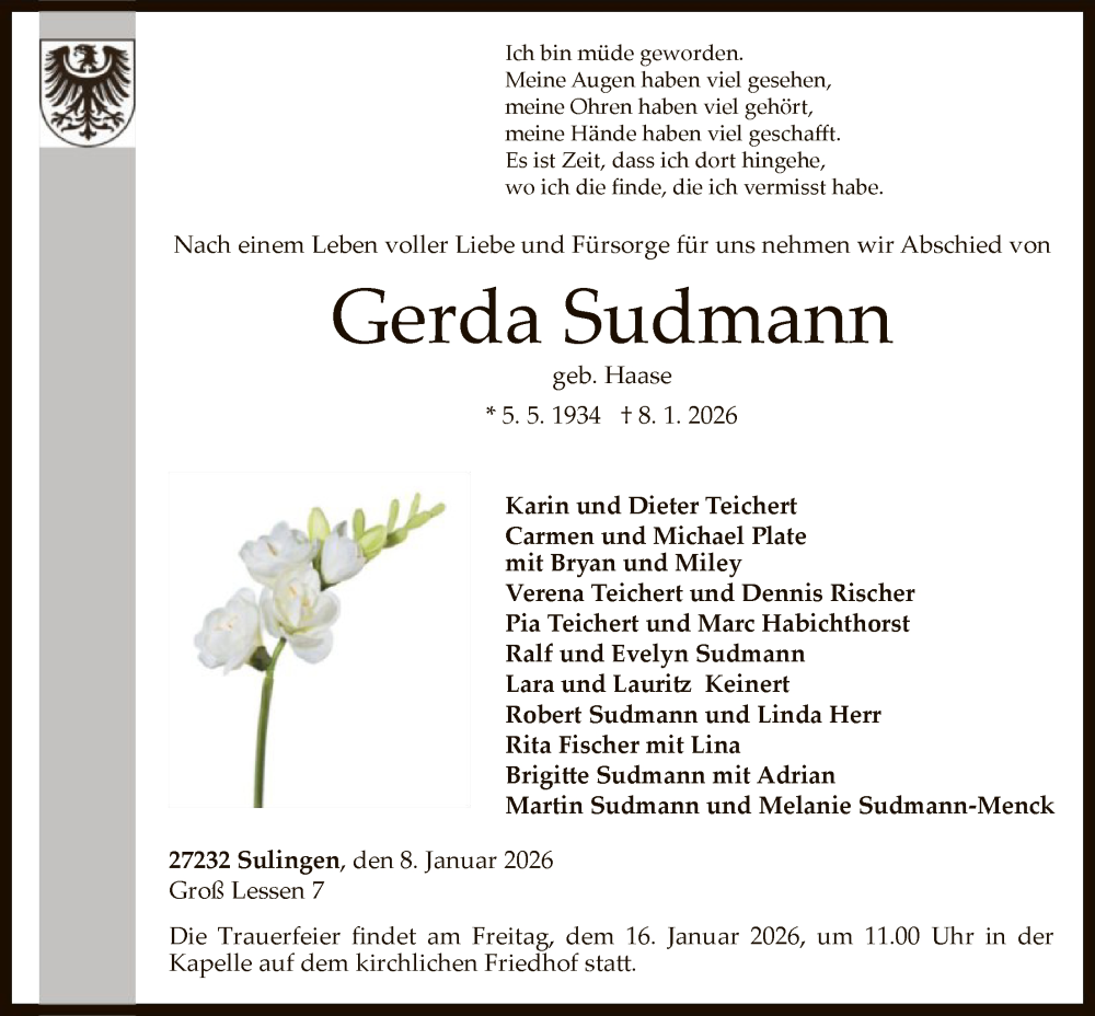  Traueranzeige für Gerda Sudmann vom 13.01.2026 aus SYKS