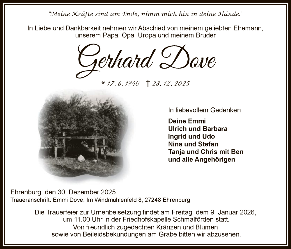  Traueranzeige für Gerhard Dove vom 03.01.2026 aus SYKS