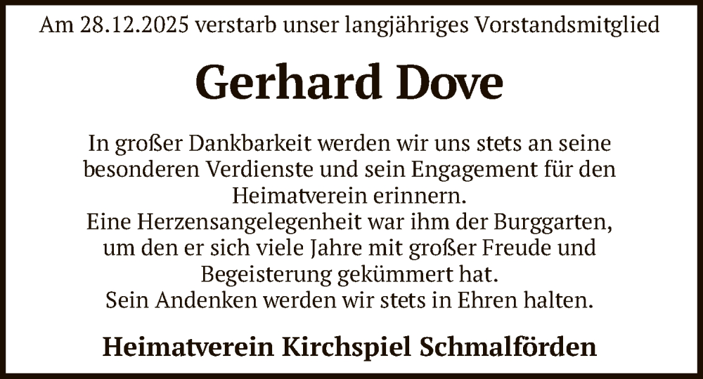  Traueranzeige für Gerhard Dove vom 06.01.2026 aus SYKS