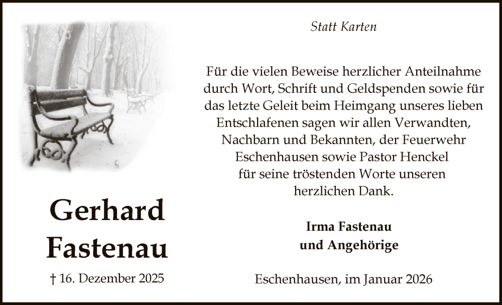  Traueranzeige für Gerhard Fastenau vom 31.01.2026 aus SYKS
