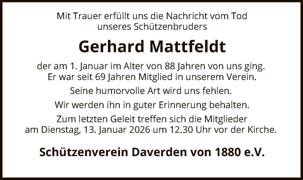  Traueranzeige für Gerhard Mattfeldt vom 12.01.2026 aus SYKS