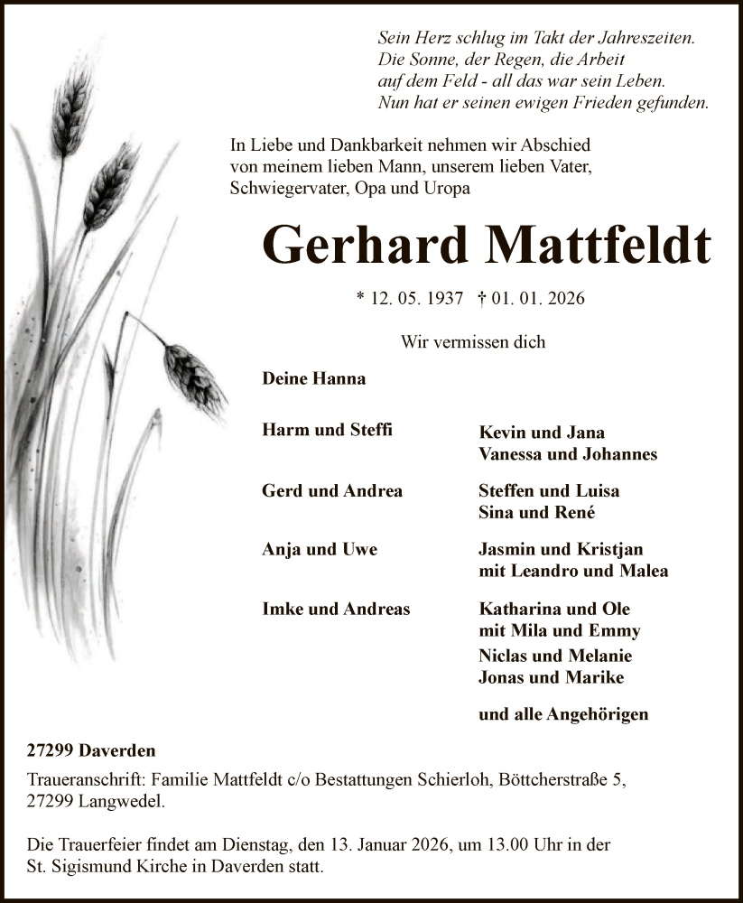  Traueranzeige für Gerhard Mattfeldt vom 12.01.2026 aus SYKS