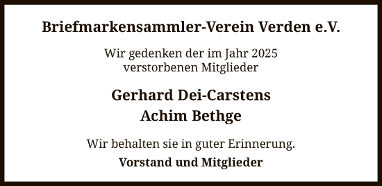 Traueranzeige von Gerhard Dei-Carstens  Achim Bethge   von SYKS