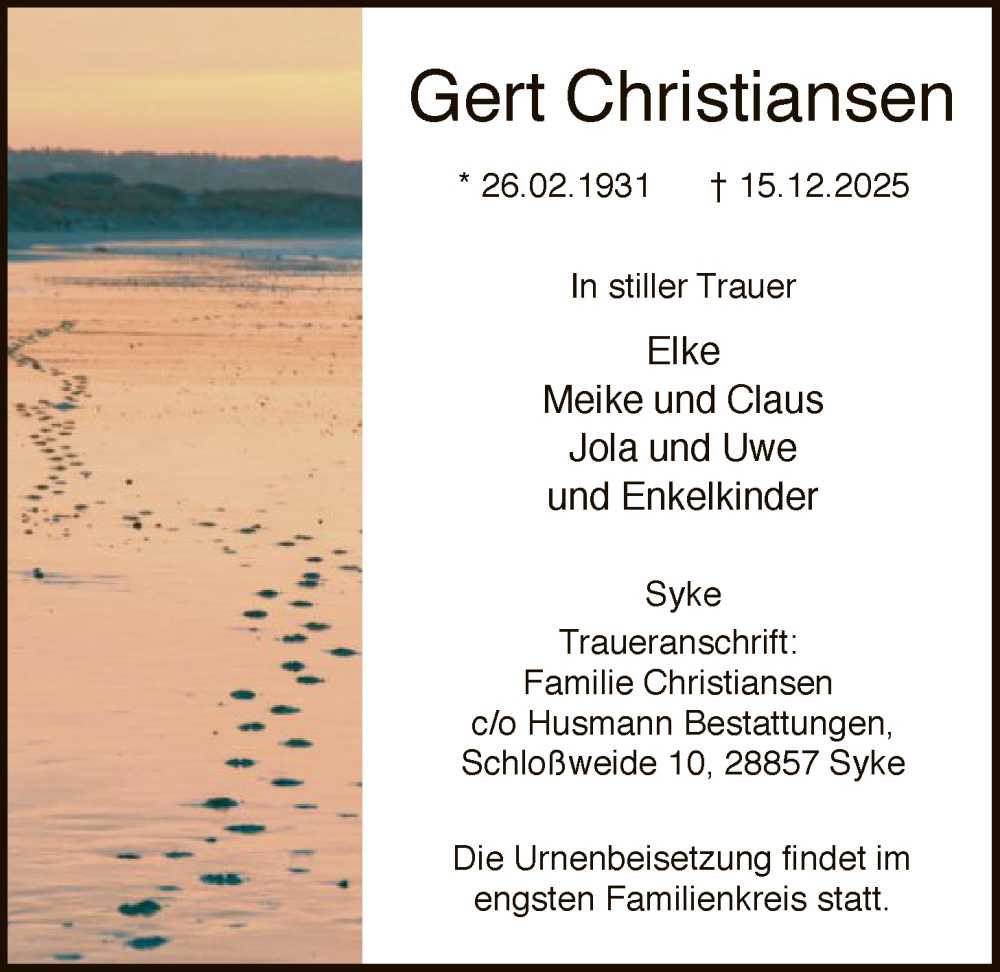 Traueranzeige für Gert Christiansen vom 03.01.2026 aus SYKS