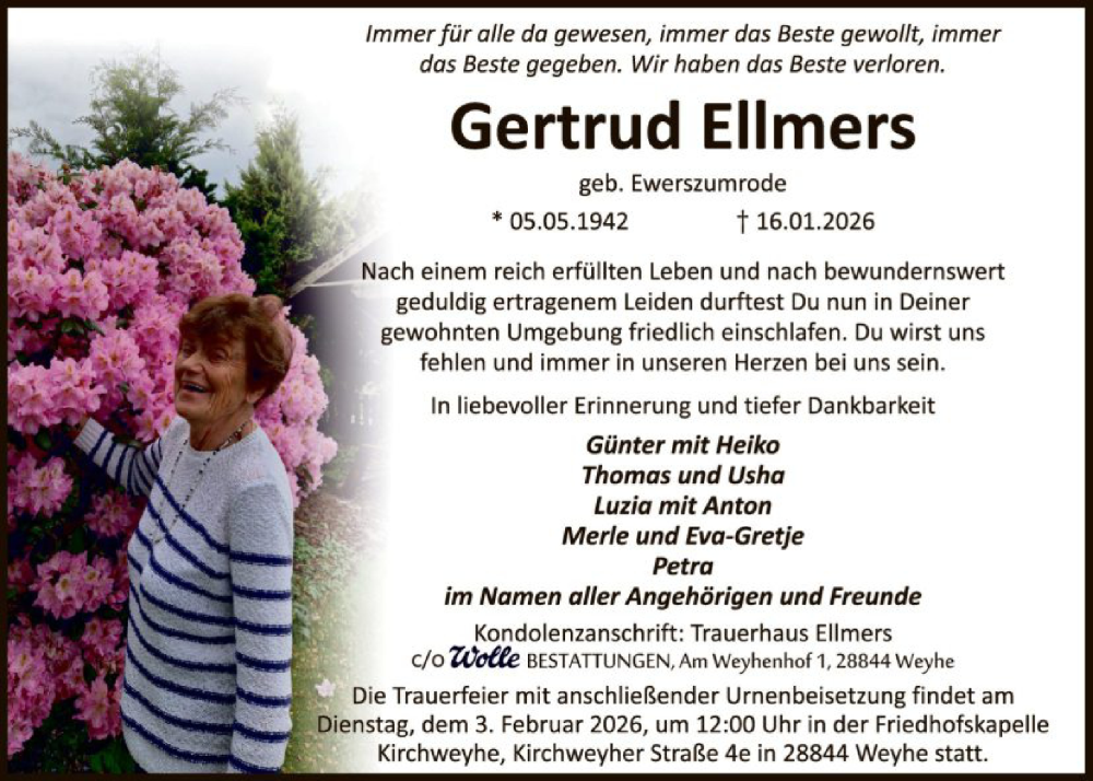  Traueranzeige für Gertrud Ellmers vom 24.01.2026 aus SYKS