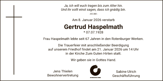 Traueranzeige von Gertrud Haspelmath von SYKR