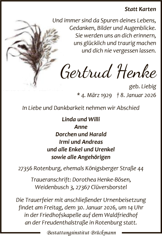 Traueranzeige von Gertrud Henke von SYKR