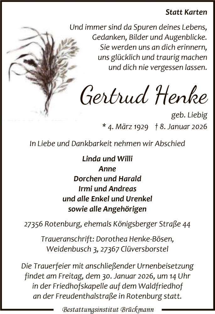  Traueranzeige für Gertrud Henke vom 17.01.2026 aus SYKR