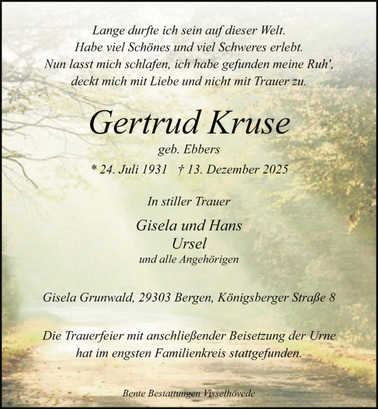 Traueranzeige von Gertrud Kruse von SYKR