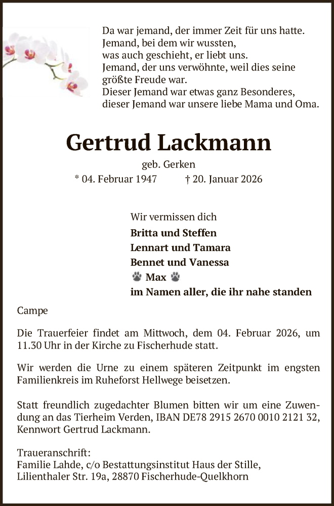  Traueranzeige für Gertrud Lackmann vom 31.01.2026 aus SYKS