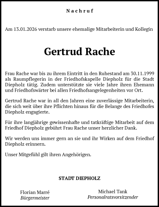 Traueranzeige von Gertrud Rache von SYKS