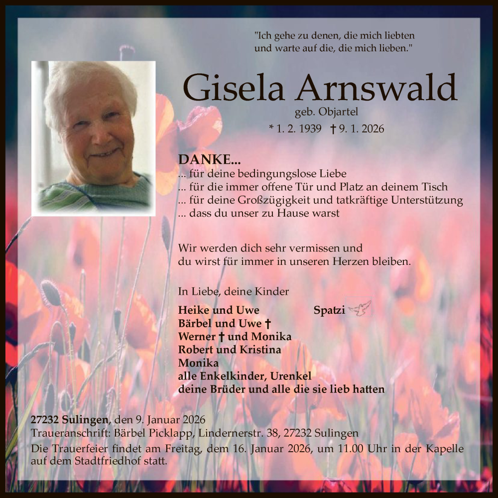  Traueranzeige für Gisela Arnswald vom 13.01.2026 aus SYKS