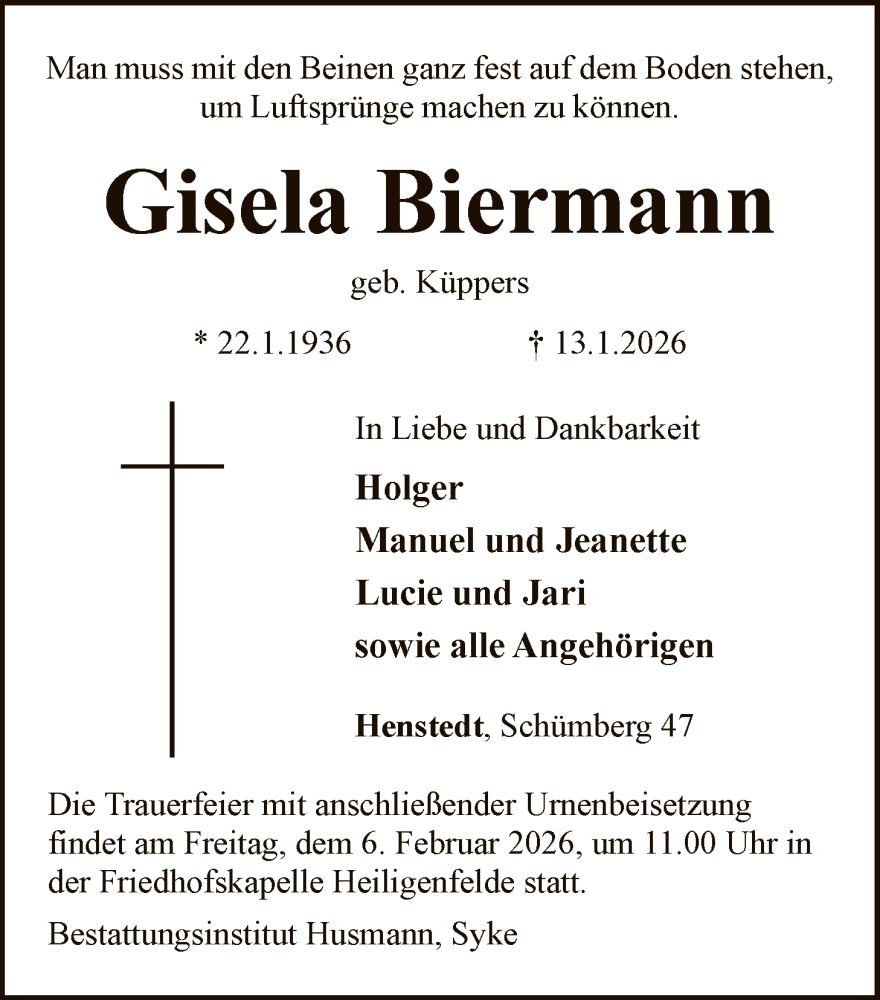  Traueranzeige für Gisela Biermann vom 24.01.2026 aus SYKS