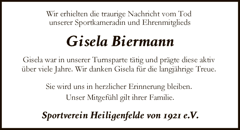  Traueranzeige für Gisela Biermann vom 31.01.2026 aus SYKS
