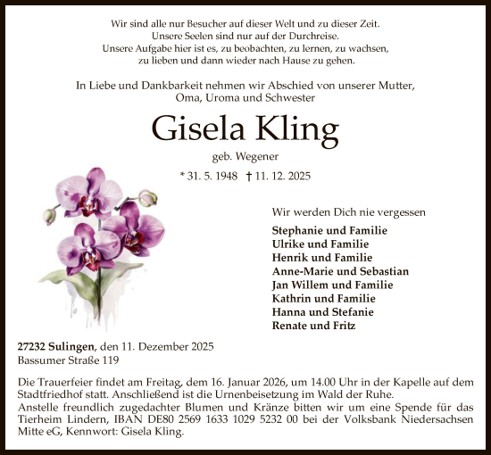 Traueranzeige von Gisela Kling von SYKS