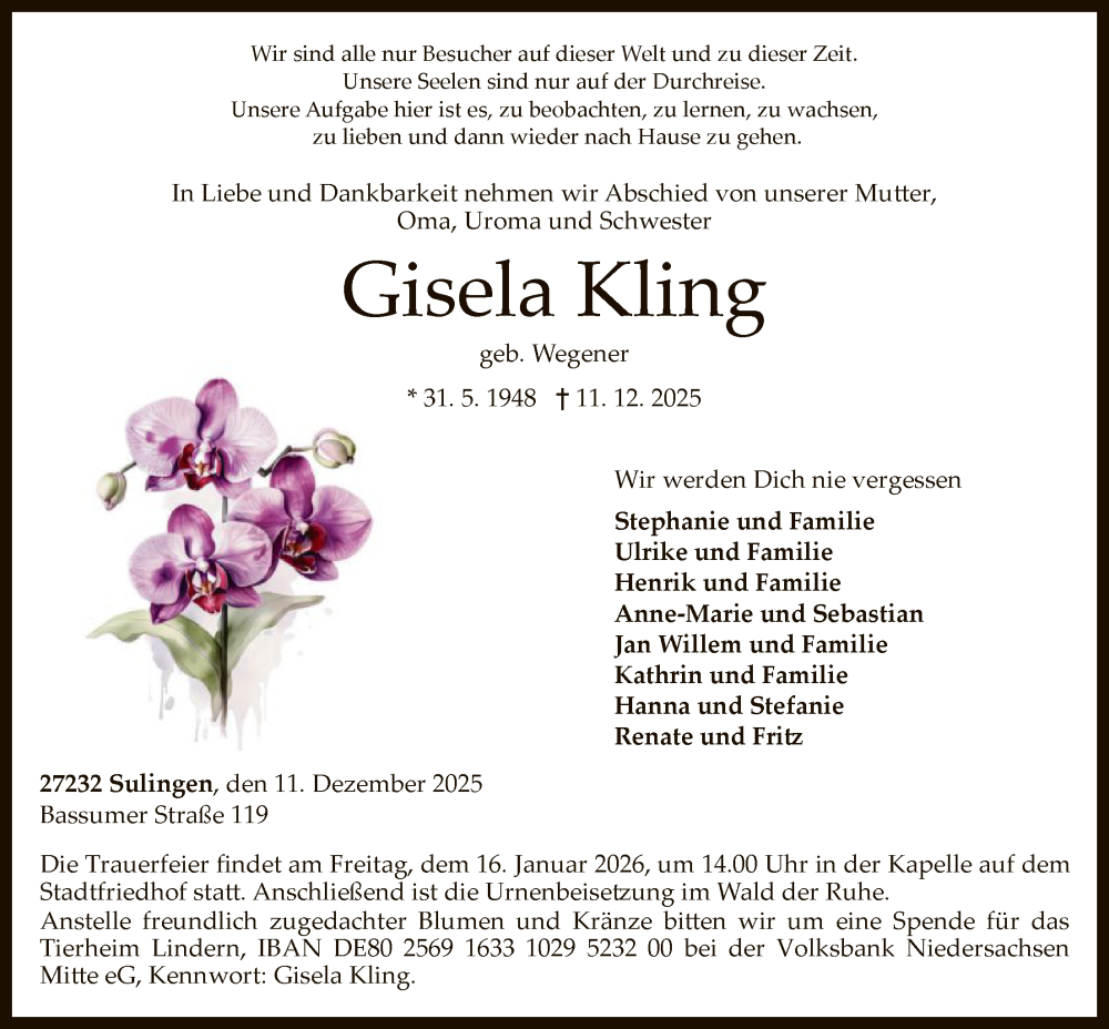  Traueranzeige für Gisela Kling vom 09.01.2026 aus SYKS