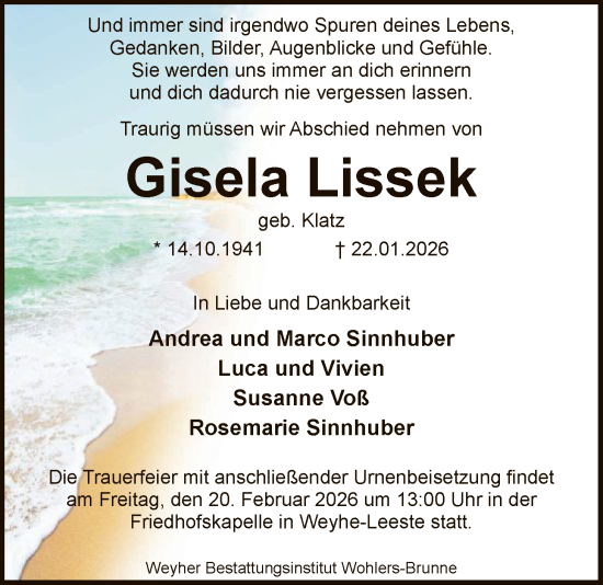Traueranzeige von Gisela Lissek von SYKS