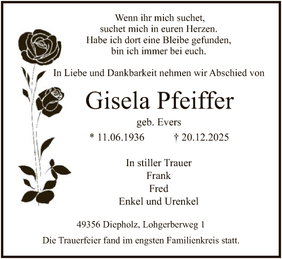 Traueranzeige von Gisela Pfeiffer von SYKS