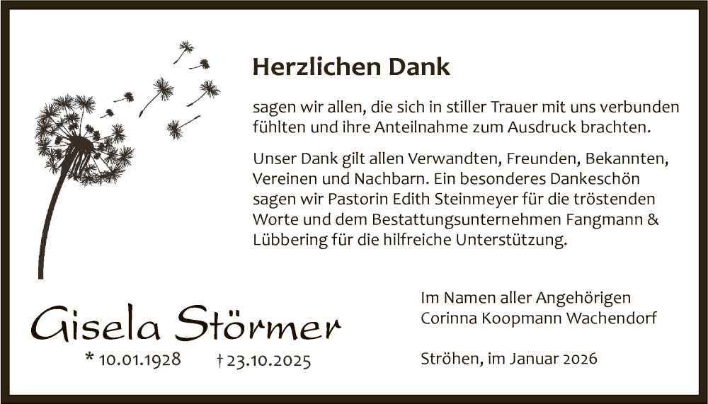  Traueranzeige für Gisela Störmer vom 03.01.2026 aus SYKS
