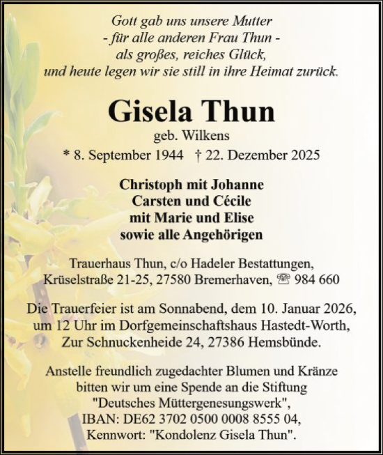 Traueranzeige von Gisela Thun von SYKR