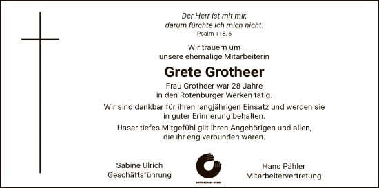 Traueranzeige von Grete Grotheer von SYKR